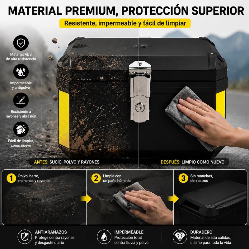 Baúl Trasero para Moto 45L/57L, Maleta de Equipaje Impermeable de Gran Capacidad para Motocicleta, Caja Superior Resistente con Cerradura Metálica Antirrobo, Tiras Reflectantes de Seguridad, Diseño de Liberación Rápida para Viajes y Uso Diario