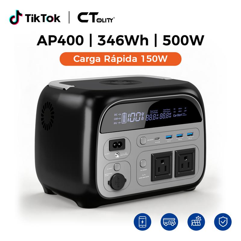 CTOLITY AP400 Generador Solar Portátil 346Wh 500W Batería LiFePO4 150W Carga Rápida Inalámbrica 4000+ Ciclos UPS Instantáneo para Cortes de Luz Emergencias Respaldo de Energía Camping Viajes Hogar Exterior Generador Eléctrico Portátil Batería de Respaldo