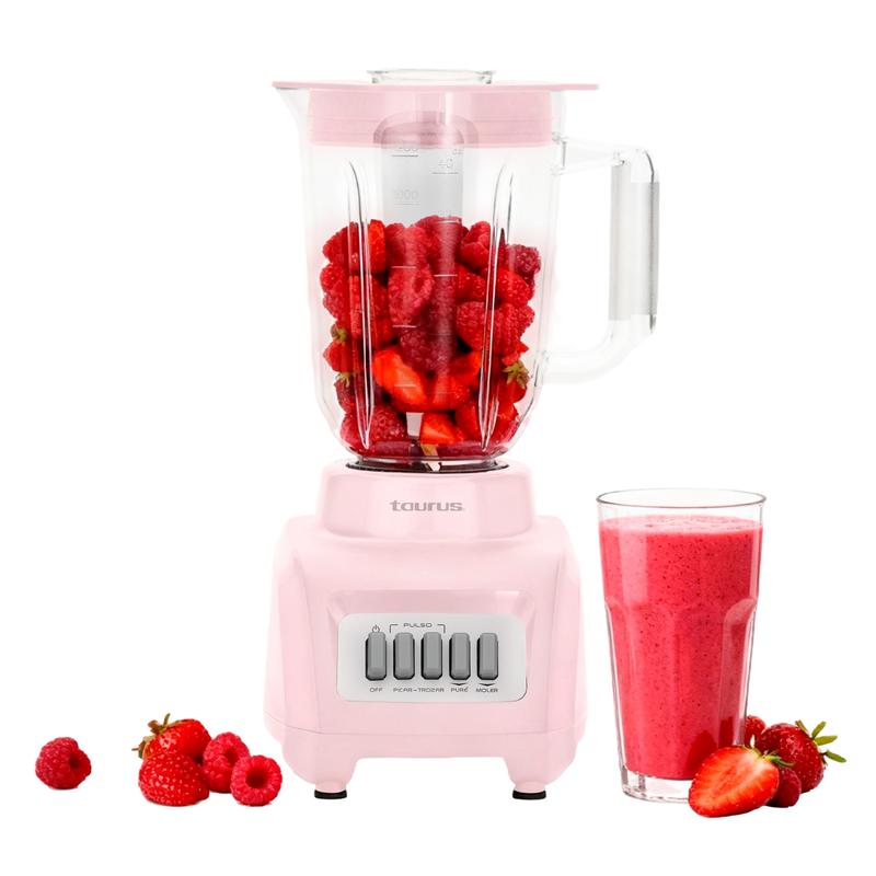 Licuadora Rosa Taurus Haley Ribbon, Potente 500W, ideal para smoothies y jugos, jarra de plástico de 1.65 L, compacta y Moderna