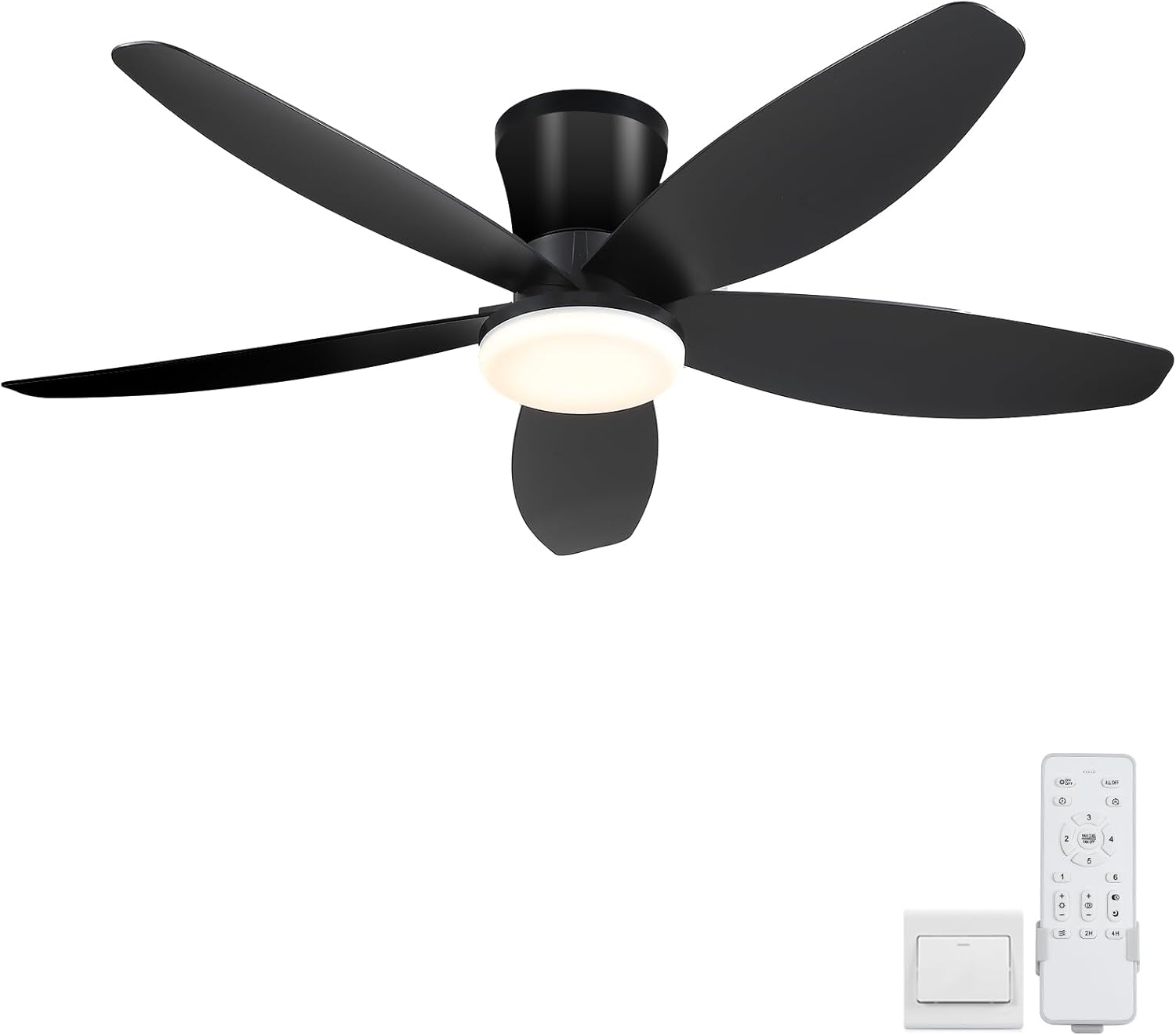 Ventiladores de techo de 42" con luz - Ventilador de techo de perfil bajo con luz y control remoto, montaje empotrado, reversible DC, LED regulable, color negro. Ventiladores de techo para dormitorio, uso en interiores y exteriores/patio.