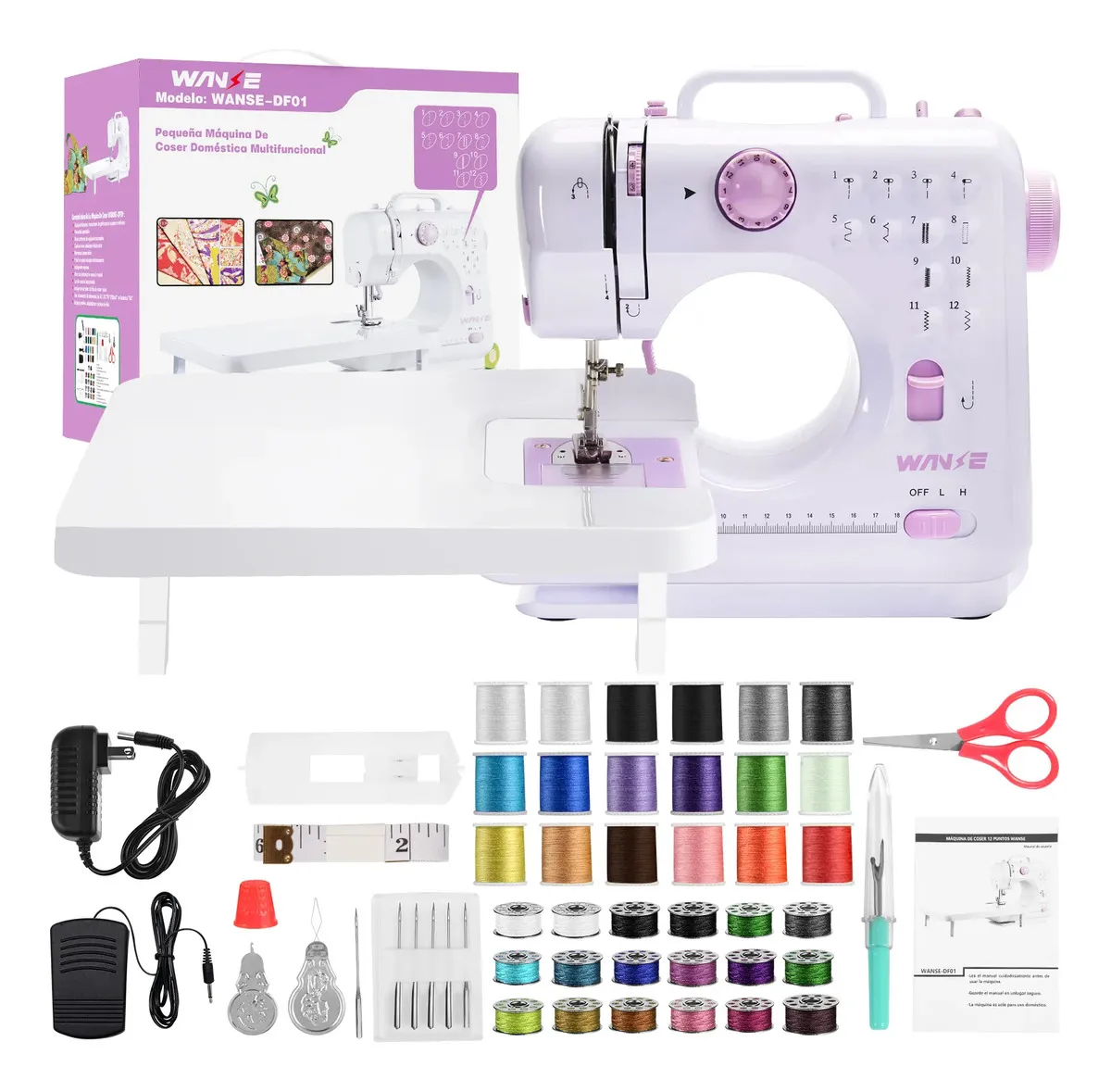 Máquina De Coser Eléctrica Portátil Mini Doméstica Multifuncional De 12 Agujas Kit Costura Y Pedal Luz Led Con Mesa De Expansión Wanse