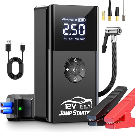 Arrancador de batería con compresor de aire, 8000 A y 180 PSI; arrancador portátil para baterías de coche (compatible con todos los motores de gasolina y diésel de hasta 12 L), cargador de 12 V con cables de arranque y luces LED de 4 modos.
