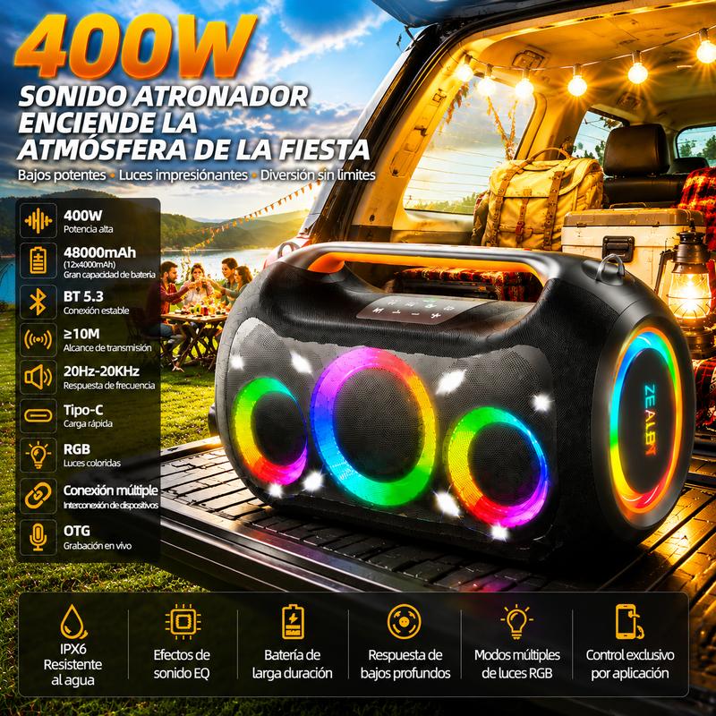 【ZEALOT】ZE51 Bocina Portátil 400W Alta Potencia,Parlante Inalámbrico Bluetooth 5.3 con Sonido Envolvente 360°,Luces RGB Sincronizadas con Música,Batería 48000mAh,Efectos EQ,Función TWS Multi-dispositivo,Soporte Grabación OTG,Carga Rápida Bidireccional par
