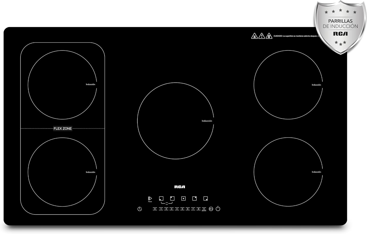 RCA Parrilla de Inducción Empotrable RC-12A15 de 5 Quemadores Vidrio Templado, Control Táctil, Temporizador 9 Niveles, Temperatura Zona Flex, Seguridad con Bloqueo Touch, Sistema Antiderrapante.