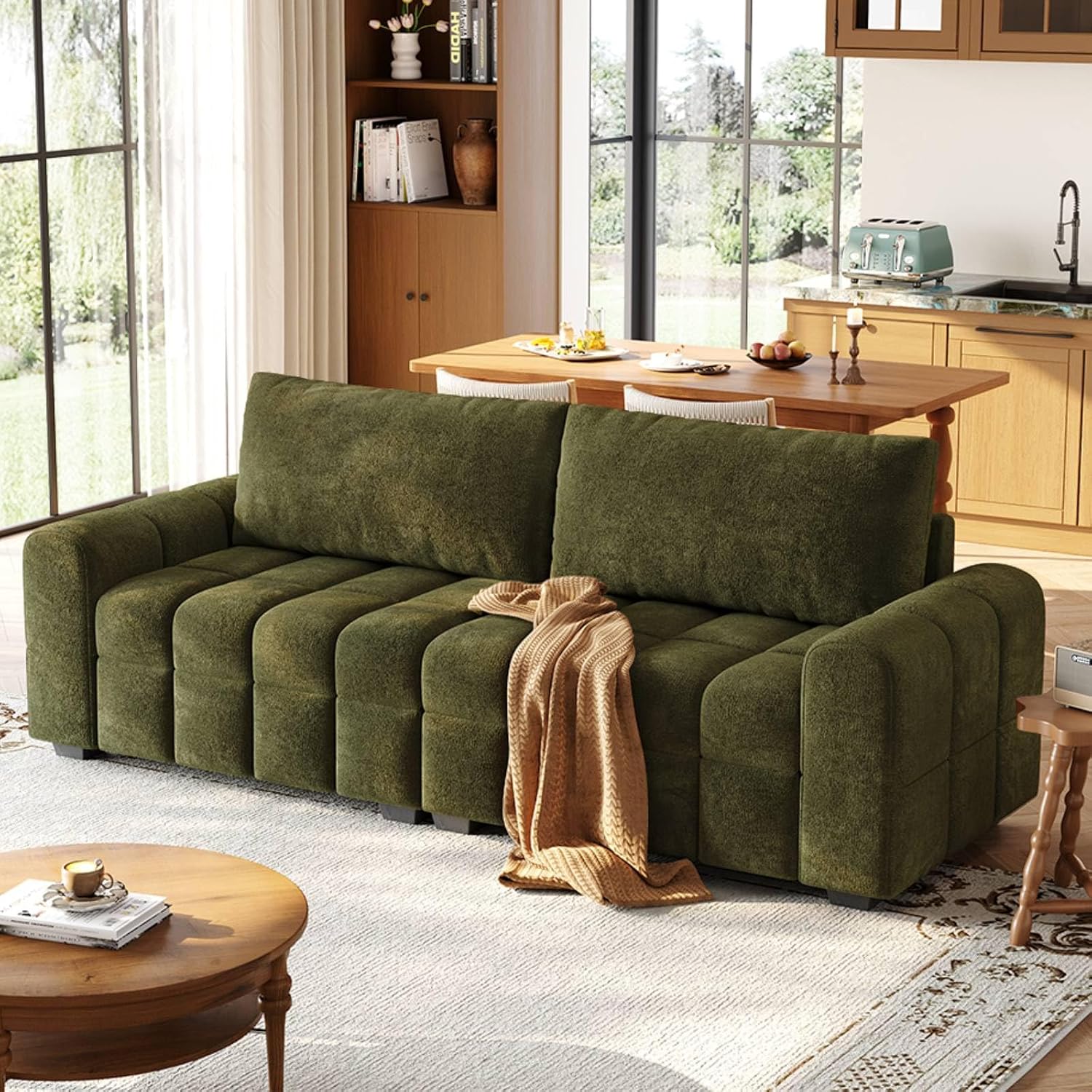 ONBRILL Sofá biplaza de 82 pulgadas, moderno sofá de felpilla para sala de estar, cojín de asiento de punto de tiro, fácil montaje, cómodo asiento de dos plazas para espacios pequeños, dormitorio, apartamento, verde