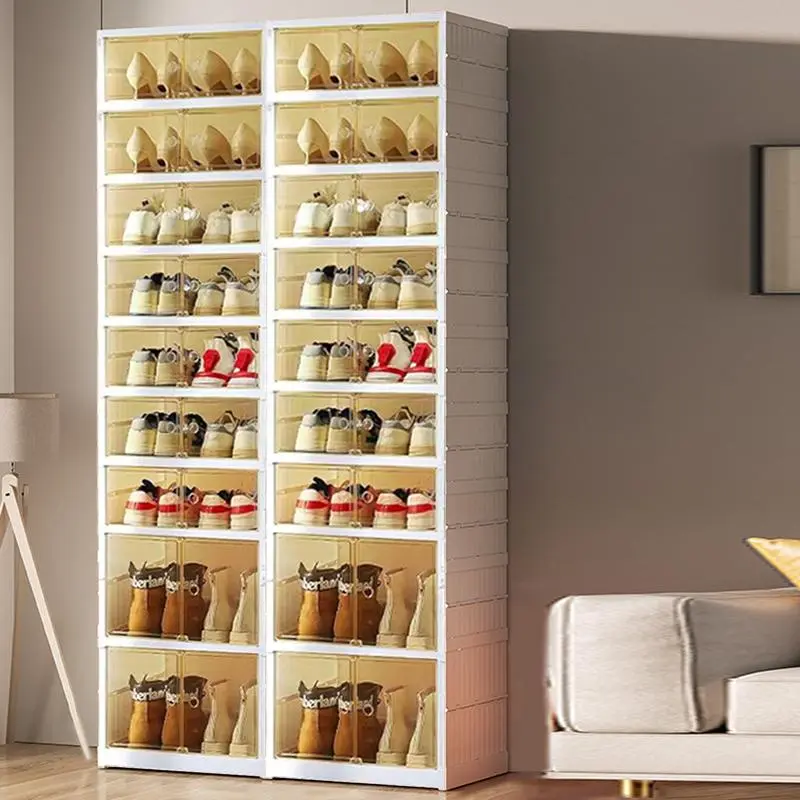 🥿9-Tier Foldable Plastic Shoe Rack Organizer - Multilayer Display, Closet Storage System Solution for 18 Pairs, Collapsible Stackable Design, Magnetic, Easy Installation, Fold for Tiny Spaces, Compact Home Storage