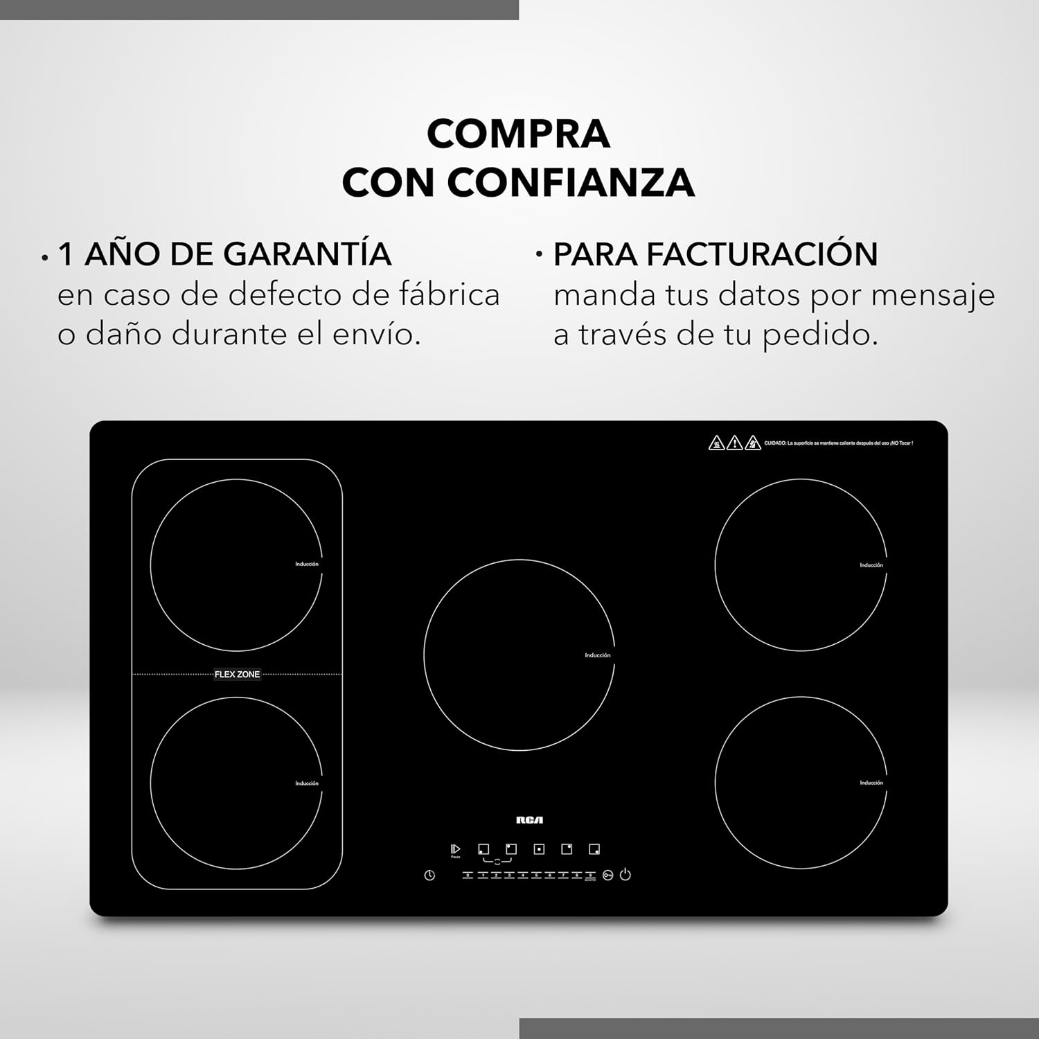 RCA Parrilla de Inducción Empotrable RC-12A15 de 5 Quemadores Vidrio Templado, Control Táctil, Temporizador 9 Niveles, Temperatura Zona Flex, Seguridad con Bloqueo Touch, Sistema Antiderrapante.