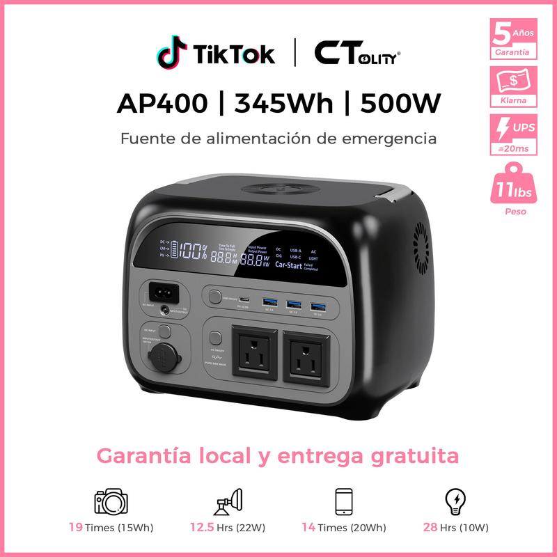 CTOLITY AP400 Generador Solar Portátil 346Wh 500W Batería LiFePO4 150W Carga Rápida Inalámbrica 4000+ Ciclos UPS Instantáneo para Cortes de Luz Emergencias Respaldo de Energía Camping Viajes Hogar Exterior Generador Eléctrico Portátil Batería de Respaldo