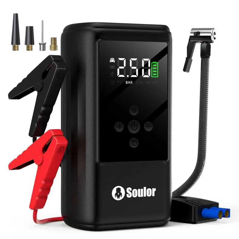 Arrancador de batería Soulor 6 en 1 1000 A con bomba de aire de 150 PSI inflador y desinflador digital de neumáticos cargador portátil para coche con puerto USB y luz LED para vehículos gasolina/diesel