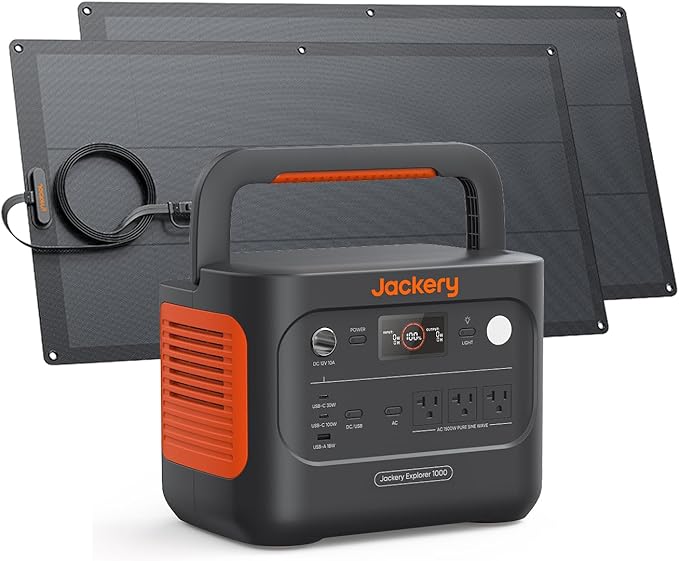 Jackery Generador Solar 1000 v2 con Panel Solar de 100W, Estación de Energía Portátil de 1070Wh LiFePO4, Salida de 1500W CA/100W USB-C, Carga Rápida de 1Hr para Exteriores, Vida Fuera de la Red, RV