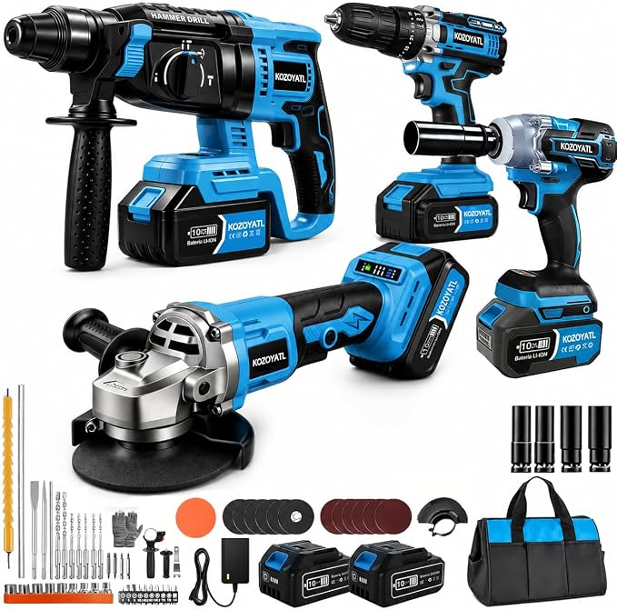 Kit de Herramientas Inalámbricas 4 en 1 Taladro, Rotomartillo, Esmeriladora, Pistola de Impacto Incluye 2 Baterías y Accesorios