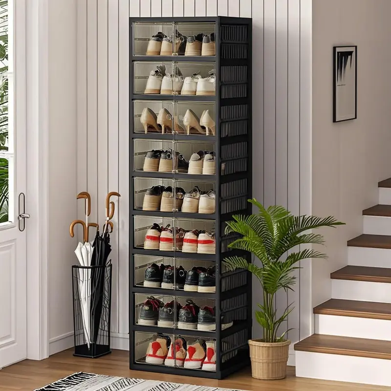 🥿9-Tier Foldable Plastic Shoe Rack Organizer - Multilayer Display, Closet Storage System Solution for 18 Pairs, Collapsible Stackable Design, Magnetic, Easy Installation, Fold for Tiny Spaces, Compact Home Storage