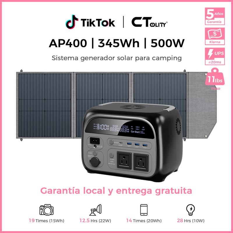 CTOLITY AP400 Generador Solar Portátil 346Wh 500W Batería LiFePO4 150W Carga Rápida Inalámbrica 4000+ Ciclos UPS Instantáneo para Cortes de Luz Emergencias Respaldo de Energía Camping Viajes Hogar Exterior Generador Eléctrico Portátil Batería de Respaldo
