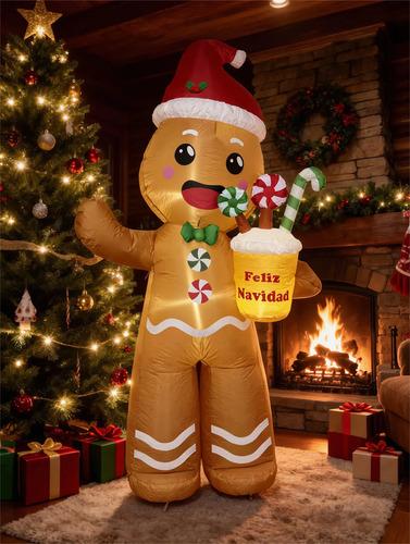 2.4m Inflable Navidad Hombre Jengibre Navideño Decoraciones— Incluye luces LED y ventilador integrados; apto para decoración de fiestas y uso en el jardín.