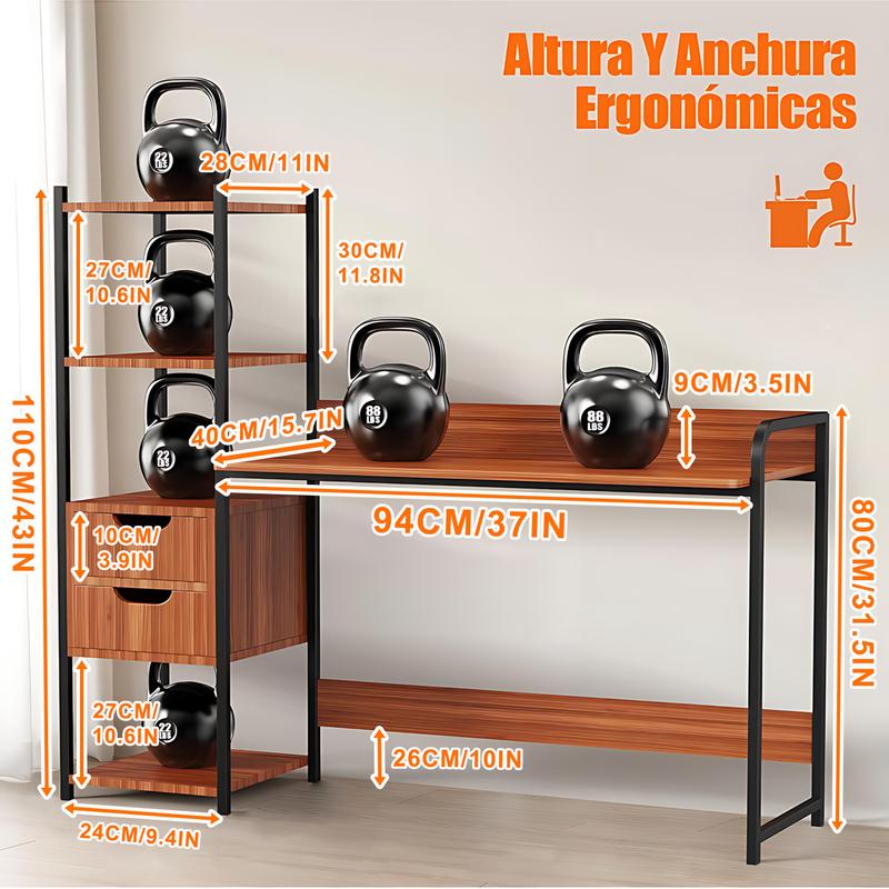 Escritorio para Computadora con Estantería y 2 Cajones, Mesa de Oficina con Almacenamiento, Estructura Metálica, Escritorio Multifuncional para Home Office
