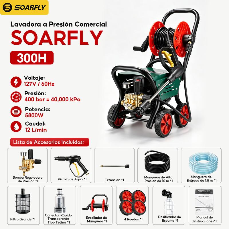 SOARFLY Hidrolimpiadora eléctrica profesional de alta presión (5800 PSI, 5800 W, 60 Hz, 12 l/min)-hidrolavadora para lavar minisplit