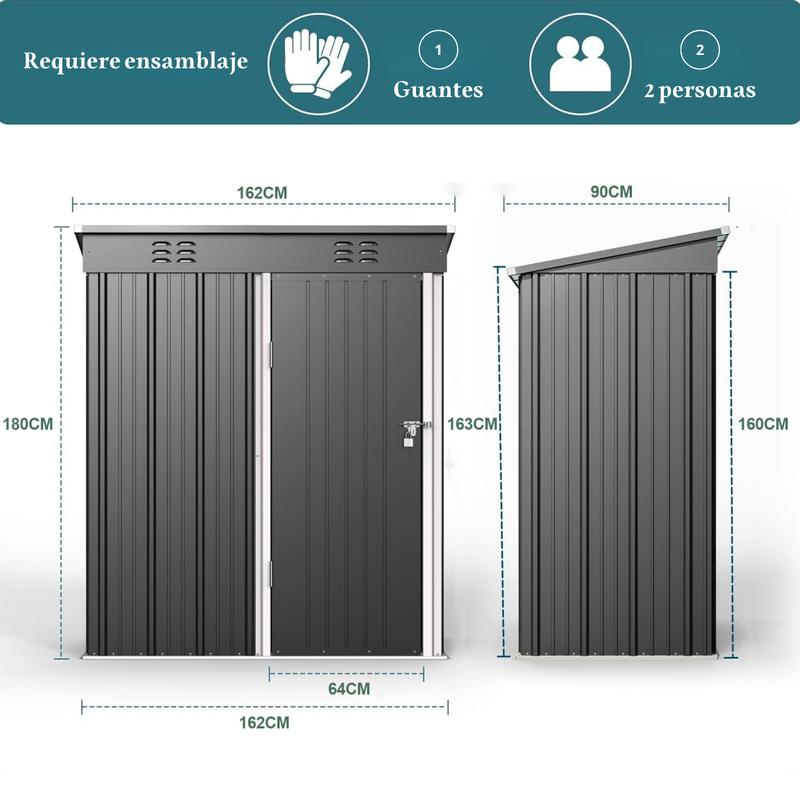 Zocalo Cobertizo de Almacenamiento para Exteriores 162x95x181cm Cobertizo con Rejillas de Ventilación y Cerradura, Casa de Almacenamiento de Metal Impermeable, Almacen para Patio Trasero, Jardín