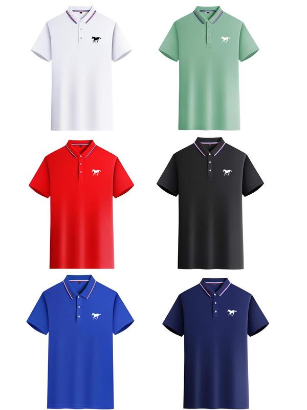 Conjunto de polos para hombre, ropa casual de hogar y moda, manga corta de color sólido con estampado de caballo, cuello contrastante, tejido transpirable, ideal para uso diario y golf