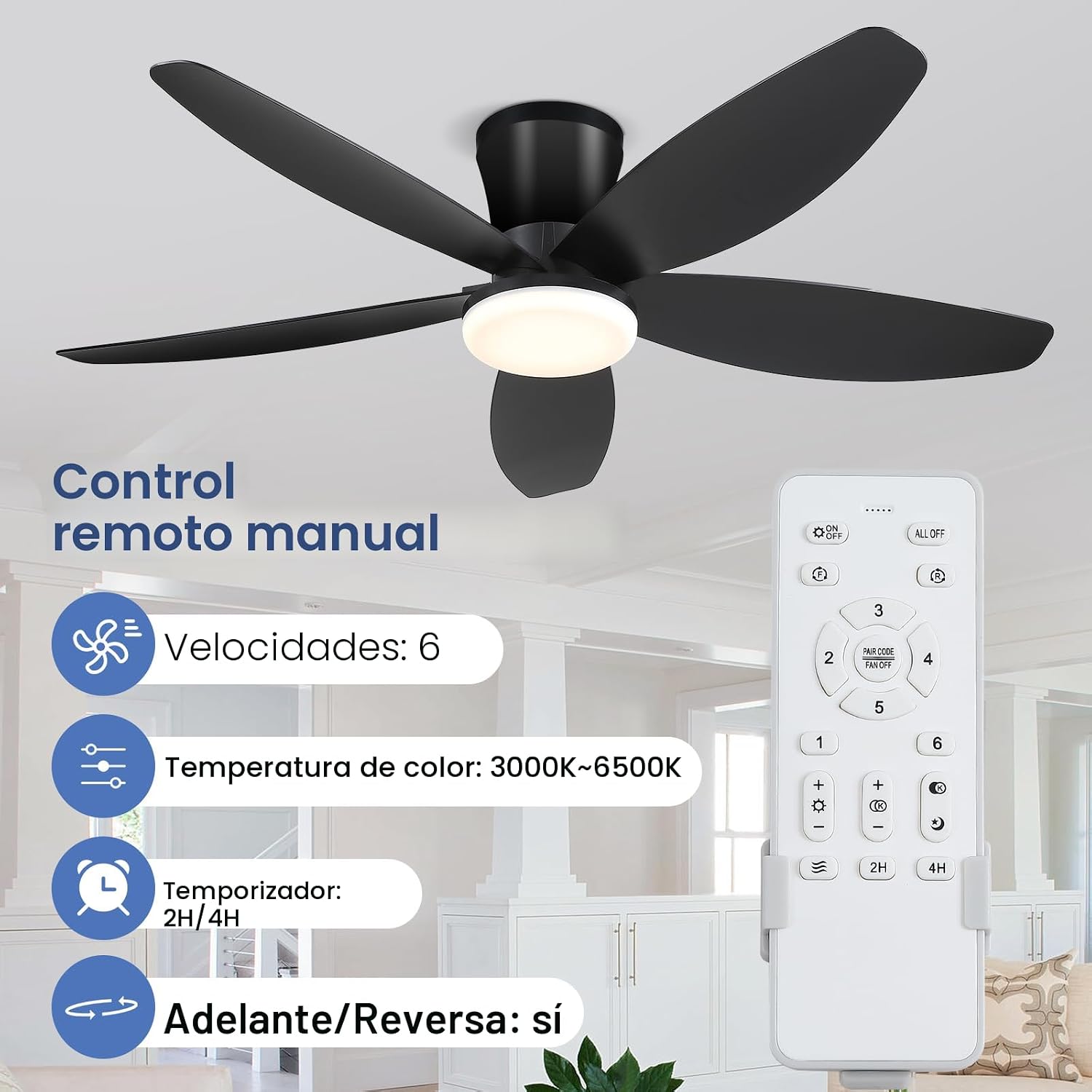 Ventiladores de techo de 42" con luz - Ventilador de techo de perfil bajo con luz y control remoto, montaje empotrado, reversible DC, LED regulable, color negro. Ventiladores de techo para dormitorio, uso en interiores y exteriores/patio.
