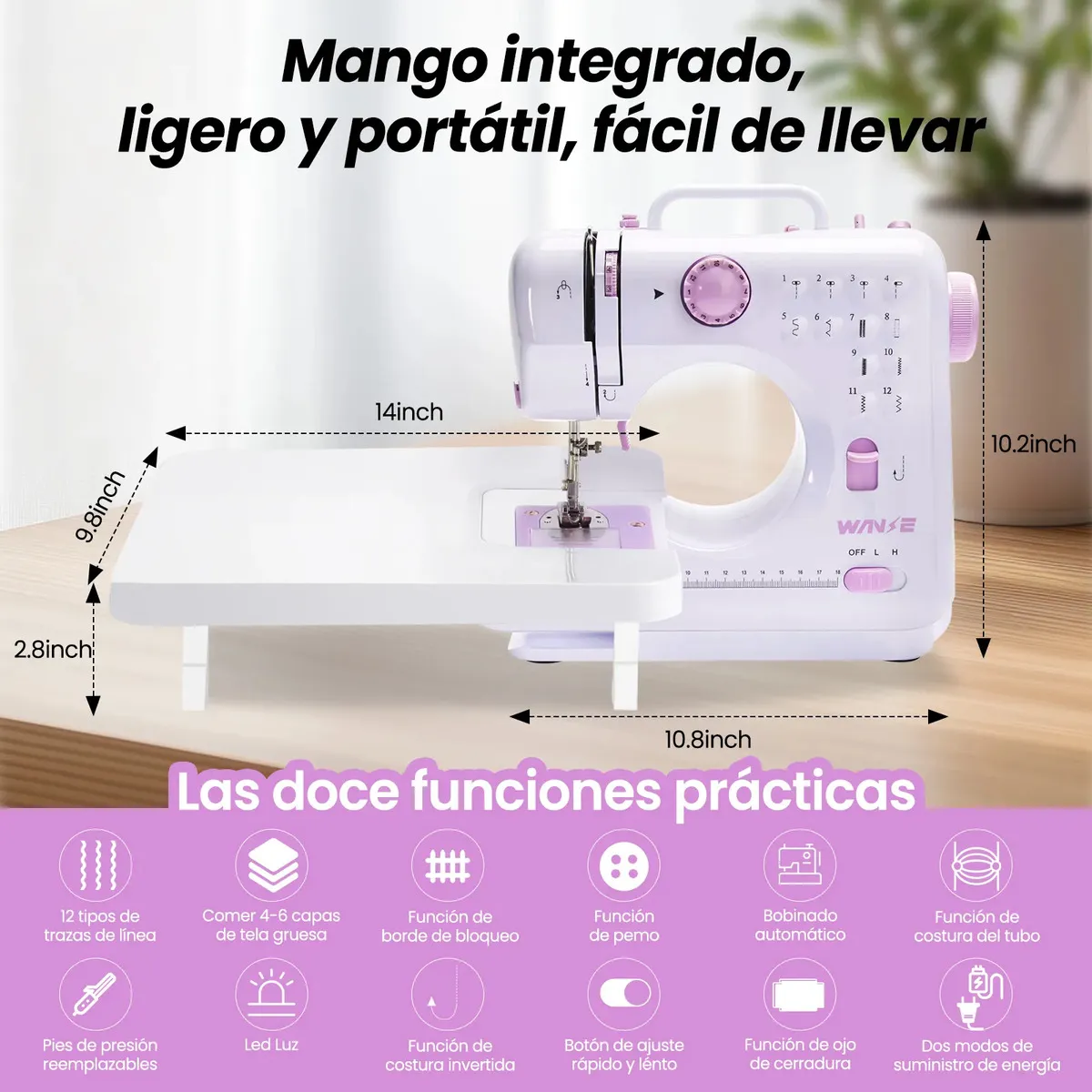 Máquina De Coser Eléctrica Portátil Mini Doméstica Multifuncional De 12 Agujas Kit Costura Y Pedal Luz Led Con Mesa De Expansión Wanse