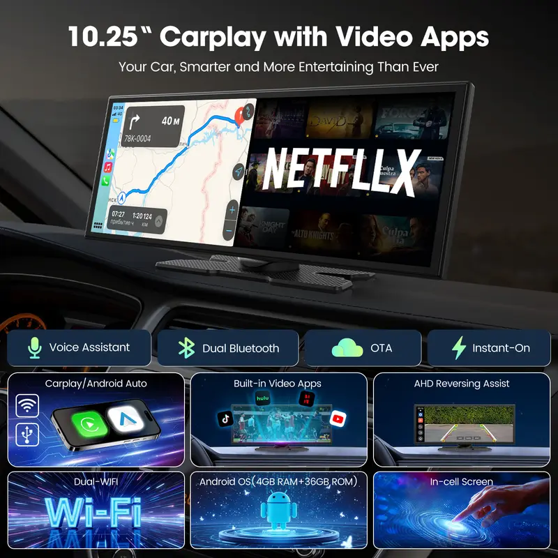 Pantalla LAMTTO de 10,25 pulgadas con CarPlay inalámbrico: compatible con aplicaciones como TikTok, Netflix y YouTube, uso de aplicaciones en pantalla dividida, cámara de visión trasera, navegación y asistente de voz. Compatible con iOS 10+ y Android 11+.