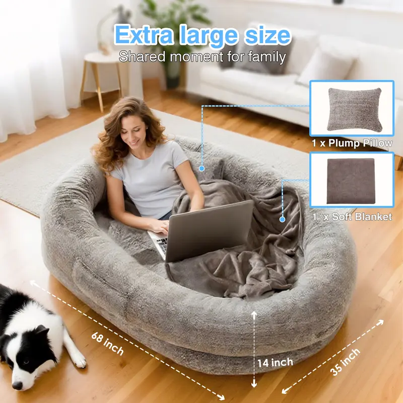 Cama ortopédica para perros 68"x35"x14", sofá tumbona de piel sintética para todo clima, incluye almohada y manta. Lavable y resistente, alivia dolor articular, ideal para perros de más de 80 libras, excelente regalo para amantes de mascotas.