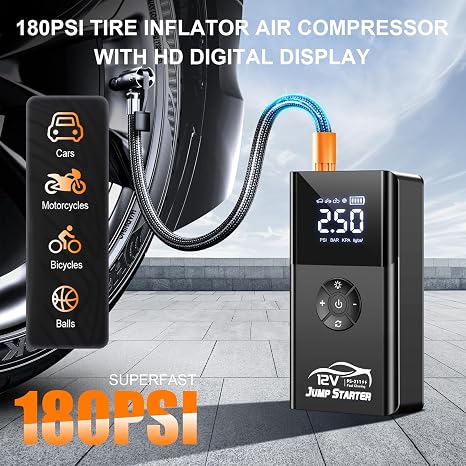 Arrancador de batería con compresor de aire, 8000 A y 180 PSI; arrancador portátil para baterías de coche (compatible con todos los motores de gasolina y diésel de hasta 12 L), cargador de 12 V con cables de arranque y luces LED de 4 modos.