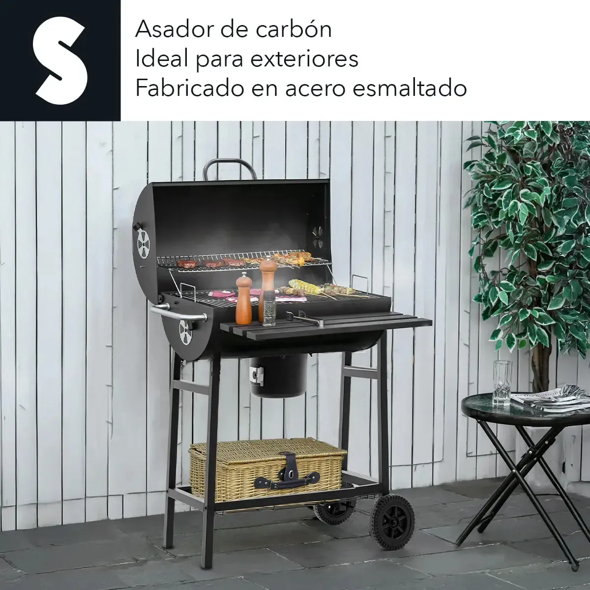 Parrilla Asador De Carbón Tipo Barril Con Ruedas Acero Inox Negro