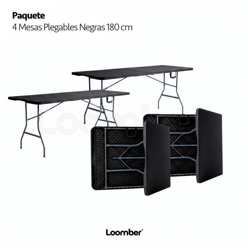 Paquete 4 Mesas Plegables Negras 180 cm Portátiles Resistencia 80KG para Eventos Familiares Interior y Exterior