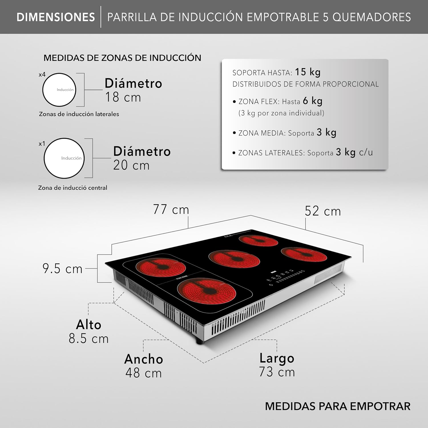 RCA Parrilla de Inducción Empotrable RC-12A15 de 5 Quemadores Vidrio Templado, Control Táctil, Temporizador 9 Niveles, Temperatura Zona Flex, Seguridad con Bloqueo Touch, Sistema Antiderrapante.