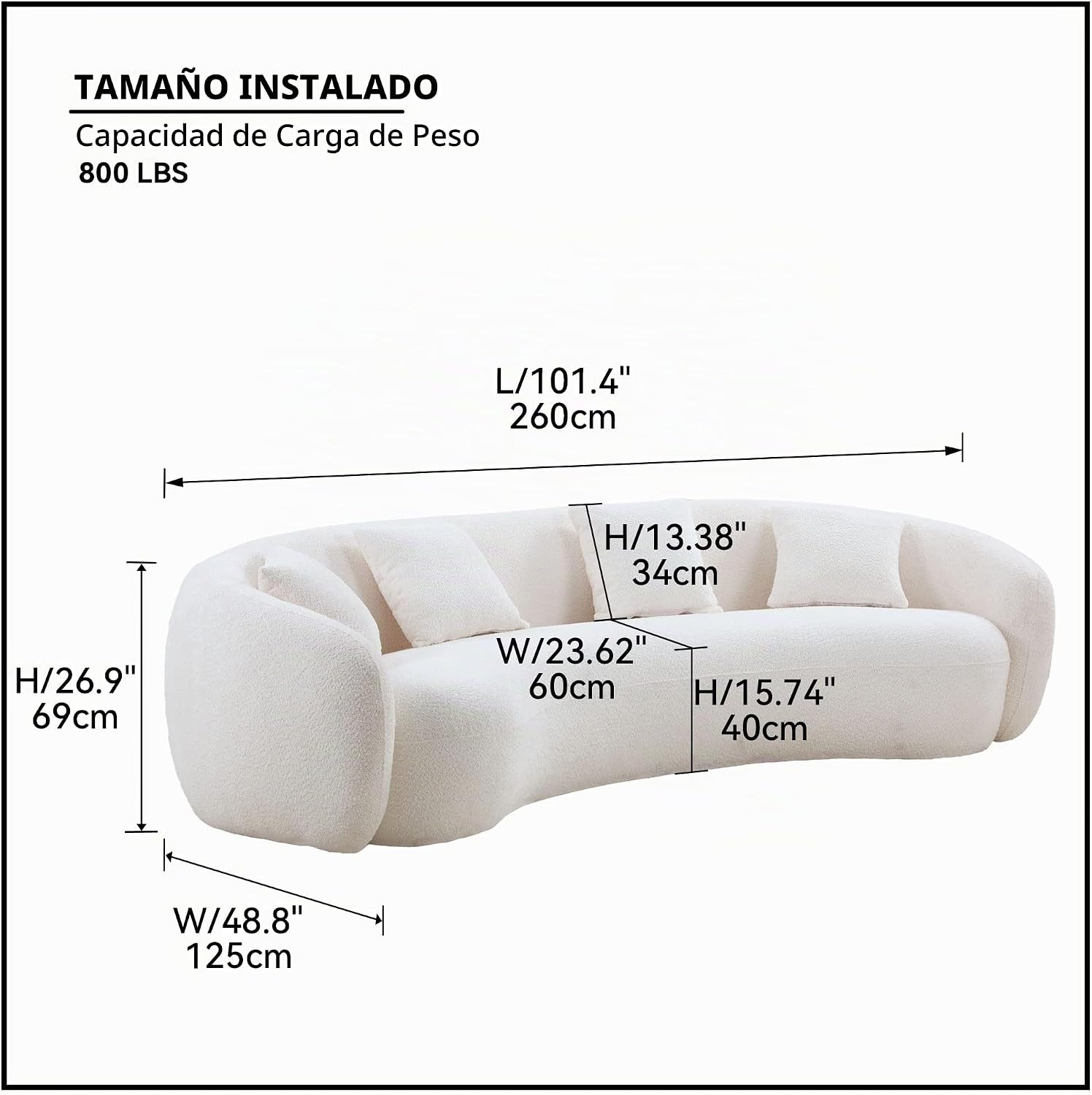 Sofá curvo moderno de 102.36 pulgadas, sofá minimalista de 5 asientos con marco de madera maciza y espuma de alta densidad, comodidad similar a una nube, sin montaje, sofá curvado de lujo