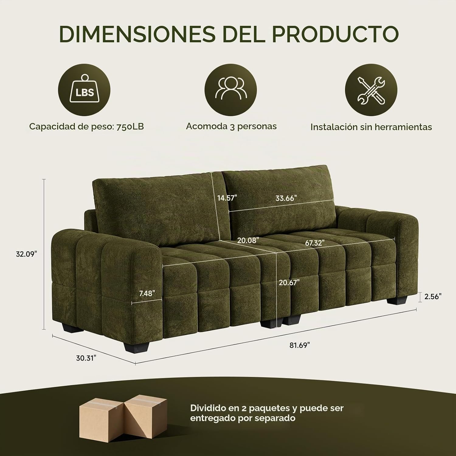 ONBRILL Sofá biplaza de 82 pulgadas, moderno sofá de felpilla para sala de estar, cojín de asiento de punto de tiro, fácil montaje, cómodo asiento de dos plazas para espacios pequeños, dormitorio, apartamento, verde