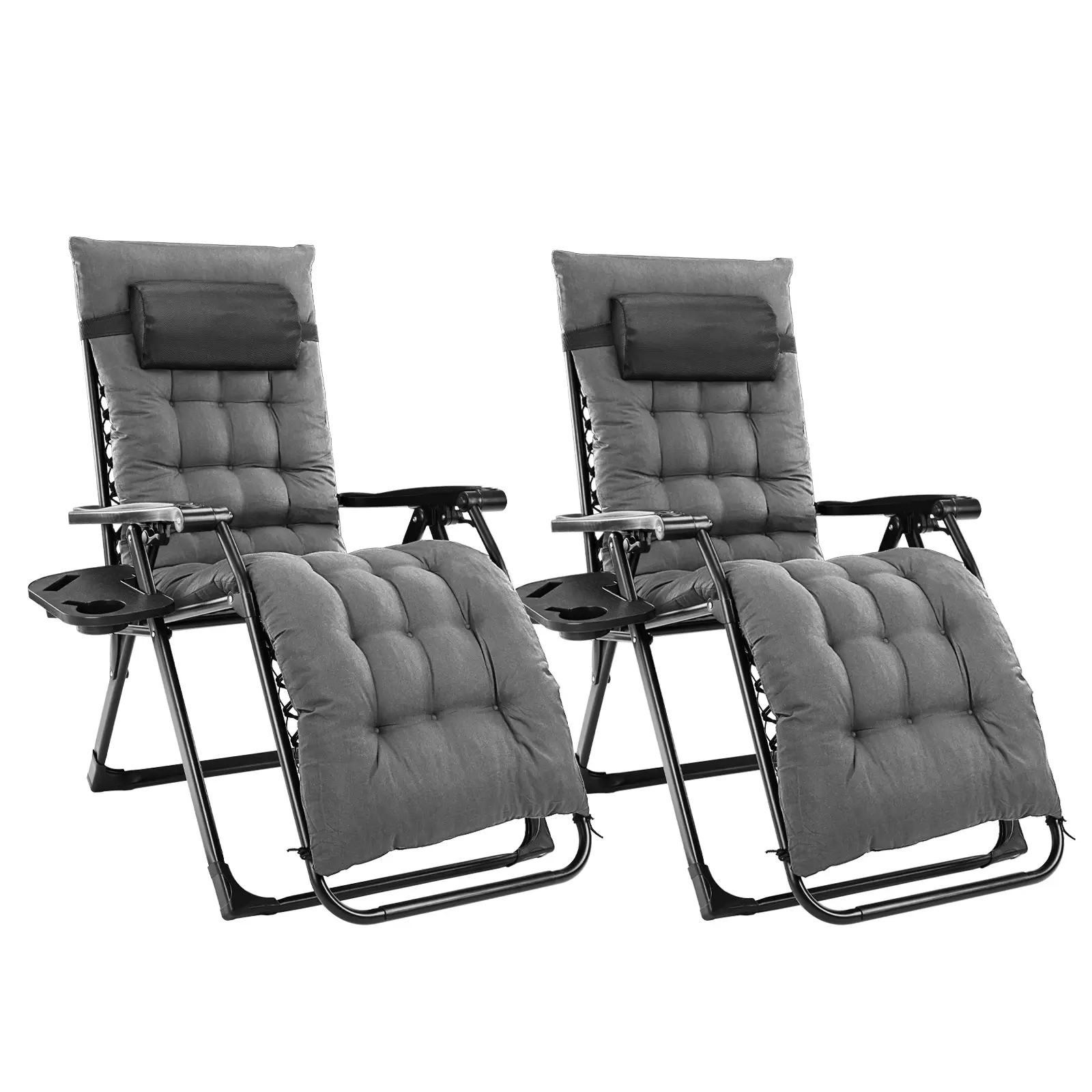 ⭐⭐SweetFurniture — Juego de 2 Sillas de Gravedad Cero con Bandejas Portavasos — Tumbonas Plegables para Camping, Patio y Exteriores con Almohada Ajustable — Ideales para la Piscina