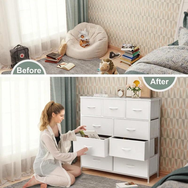 Cómoda Alta de 9 Cajones para Recámara y Closet, Mueble Organizador de Ropa y Juguetero para Bebé, Cajonera de Tela con Estante de Madera, Torre de Almacenamiento Vertical (Blanco)