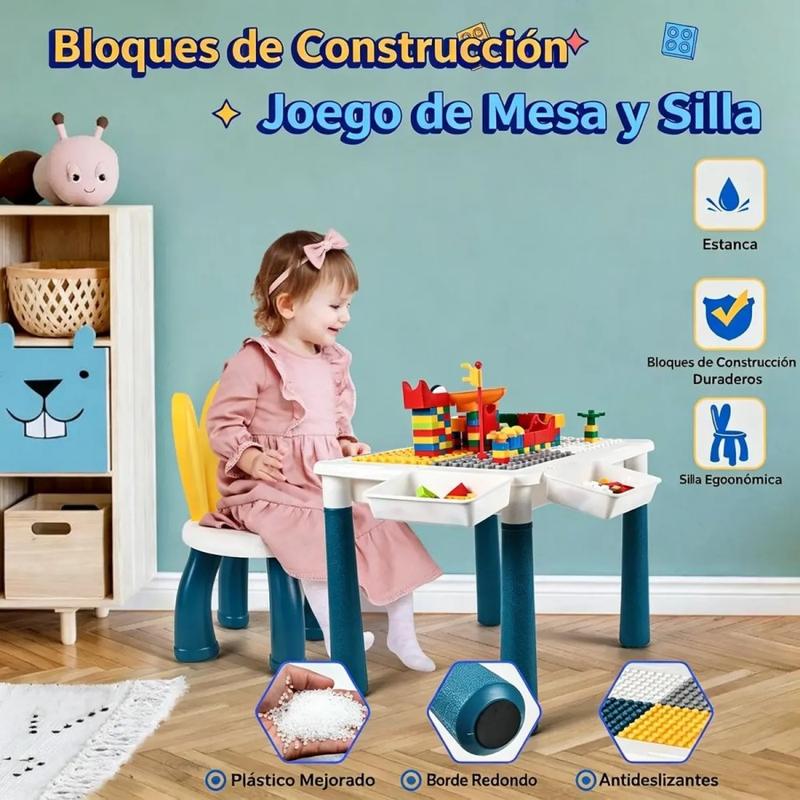 Esta mesa de bloques de construcción multifuncional y de gran tamaño es ideal para niños de 3 a 6 años e incluye 358 bloques y una silla infantil. Ayuda a desarrollar la imaginación, la coordinación y la capacidad de atención de los niños.