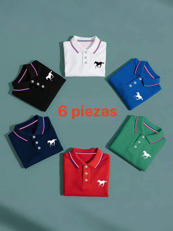 Conjunto de polos para hombre, ropa casual de hogar y moda, manga corta de color sólido con estampado de caballo, cuello contrastante, tejido transpirable, ideal para uso diario y golf