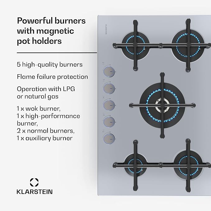 Placa de gas Klarstein Illuminosa 5: cocina de 5 fuegos, quemador para wok de 4 kW, encendido eléctrico, sistema de seguridad por corte de llama, soportes de hierro fundido, acero inoxidable, cocción eficiente y ecológica.