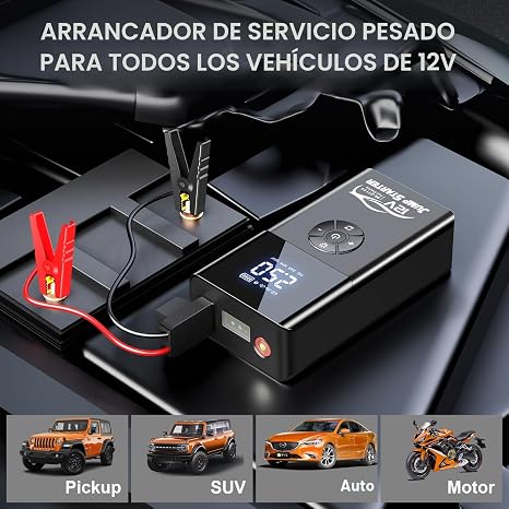Arrancador de batería con compresor de aire, 8000 A y 180 PSI; arrancador portátil para baterías de coche (compatible con todos los motores de gasolina y diésel de hasta 12 L), cargador de 12 V con cables de arranque y luces LED de 4 modos.