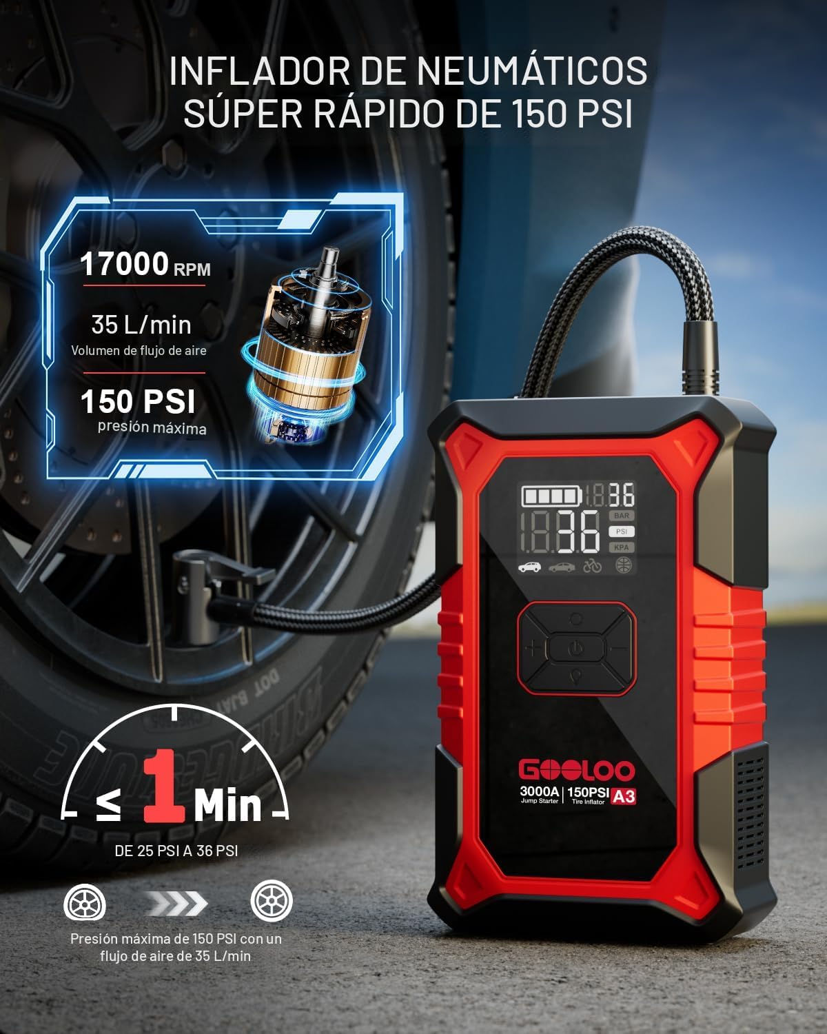 Arrancador portátil GOOLOO A3 de 12 V y 3000 A con compresor de aire