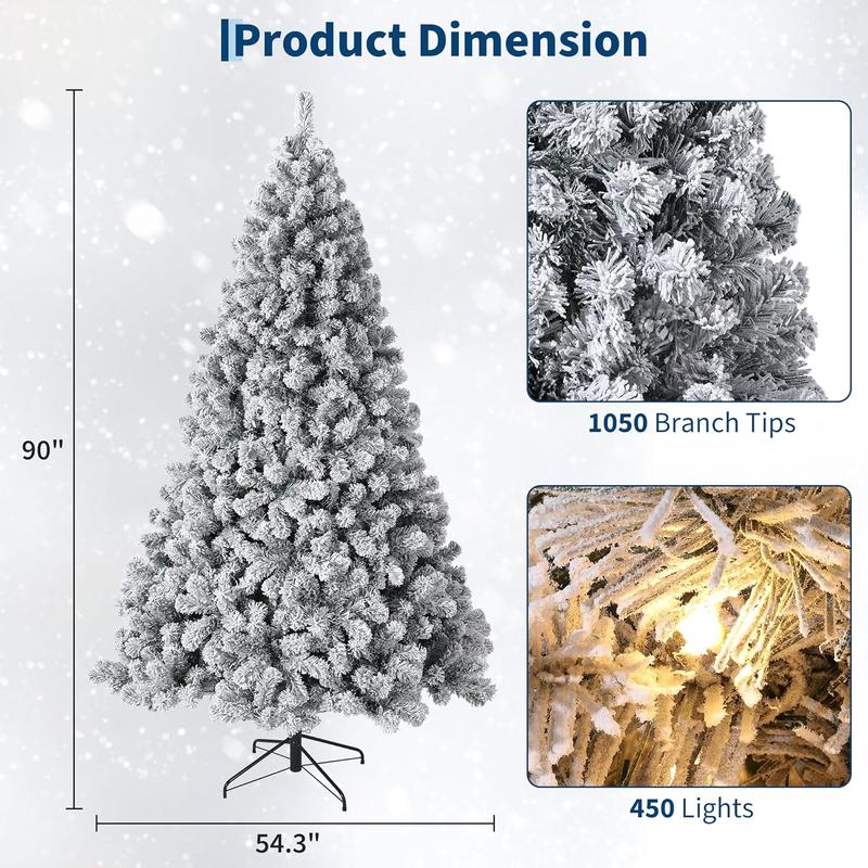 Árbol de Navidad artificial preiluminado de 2,28 m (7,5 pies), pino navideño con 450 LED blancos cálidos, 1050 puntas de ramas, árbol de Navidad de PVC puro con soporte de metal, fácil montaje - Decoración navideña para interiores, hogar, oficina, fiestas