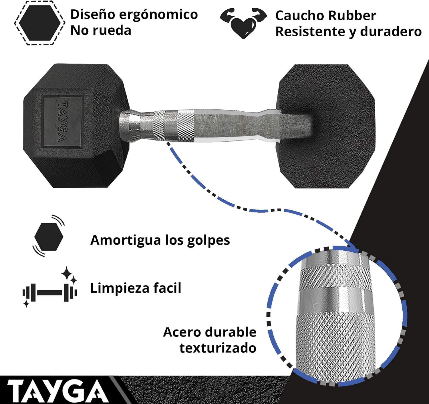 Tayga Set de 5 Pares de Mancuerna Hexagonales de 5, 10, 15, 20, 25 LB con Rack