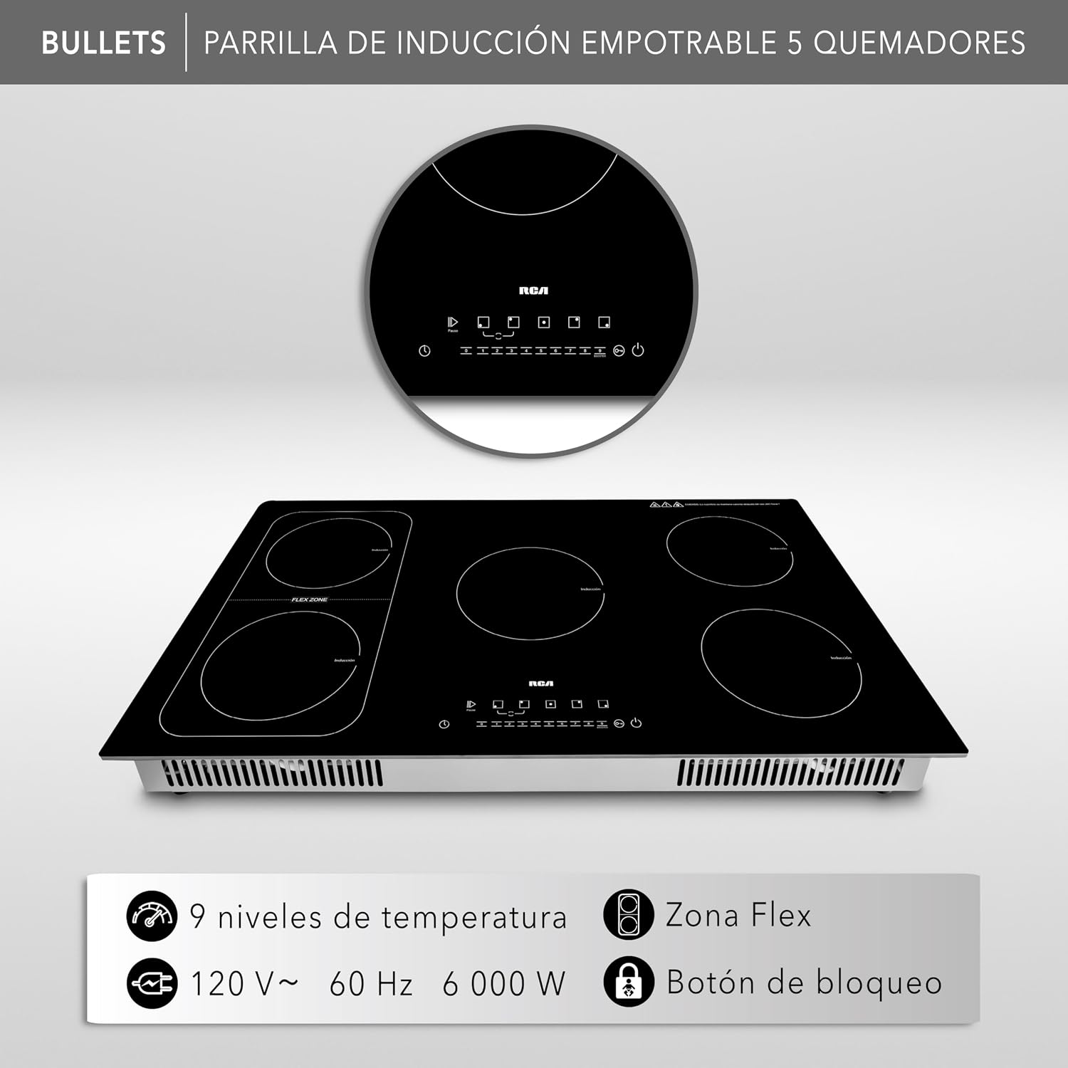 RCA Parrilla de Inducción Empotrable RC-12A15 de 5 Quemadores Vidrio Templado, Control Táctil, Temporizador 9 Niveles, Temperatura Zona Flex, Seguridad con Bloqueo Touch, Sistema Antiderrapante.