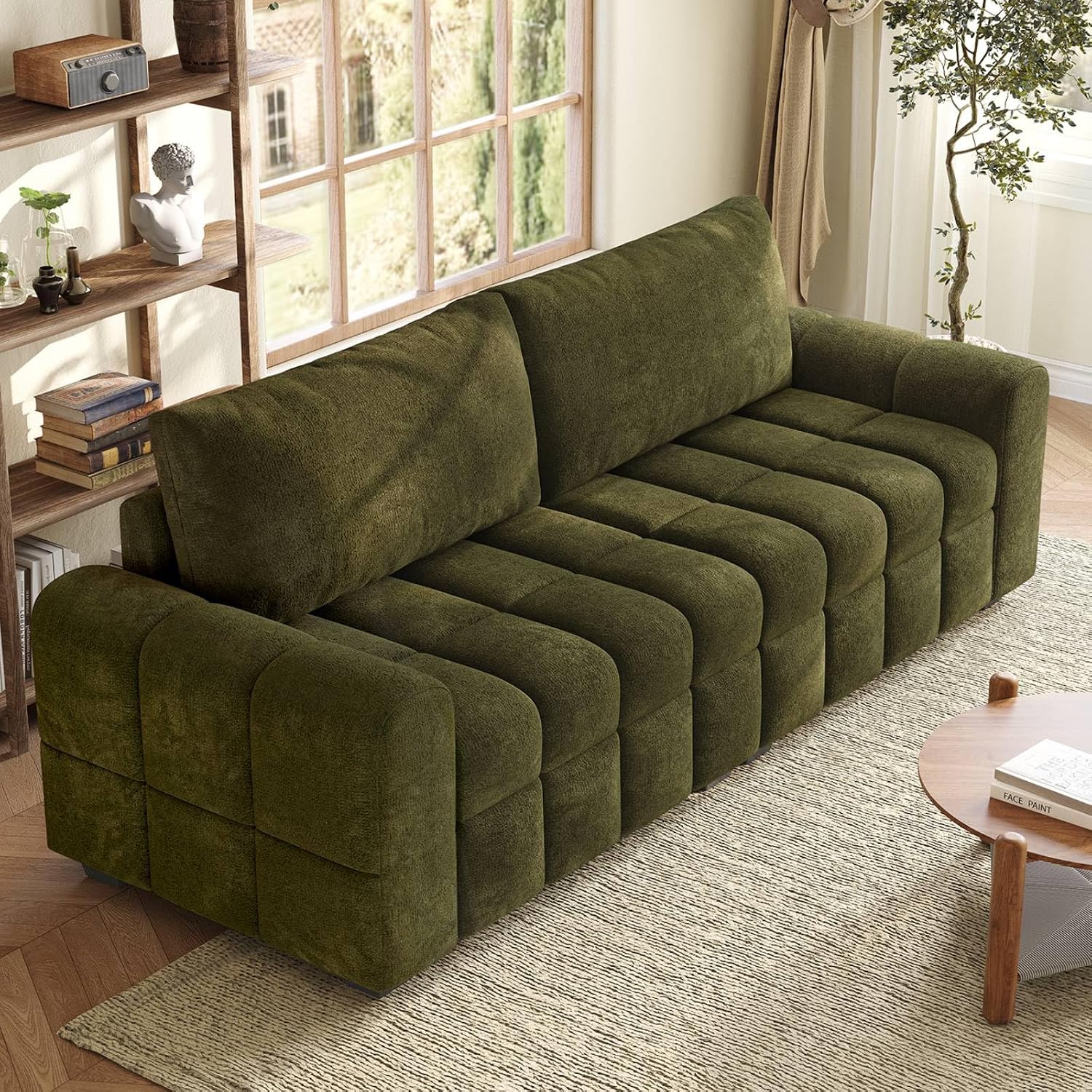 ONBRILL Sofá biplaza de 82 pulgadas, moderno sofá de felpilla para sala de estar, cojín de asiento de punto de tiro, fácil montaje, cómodo asiento de dos plazas para espacios pequeños, dormitorio, apartamento, verde