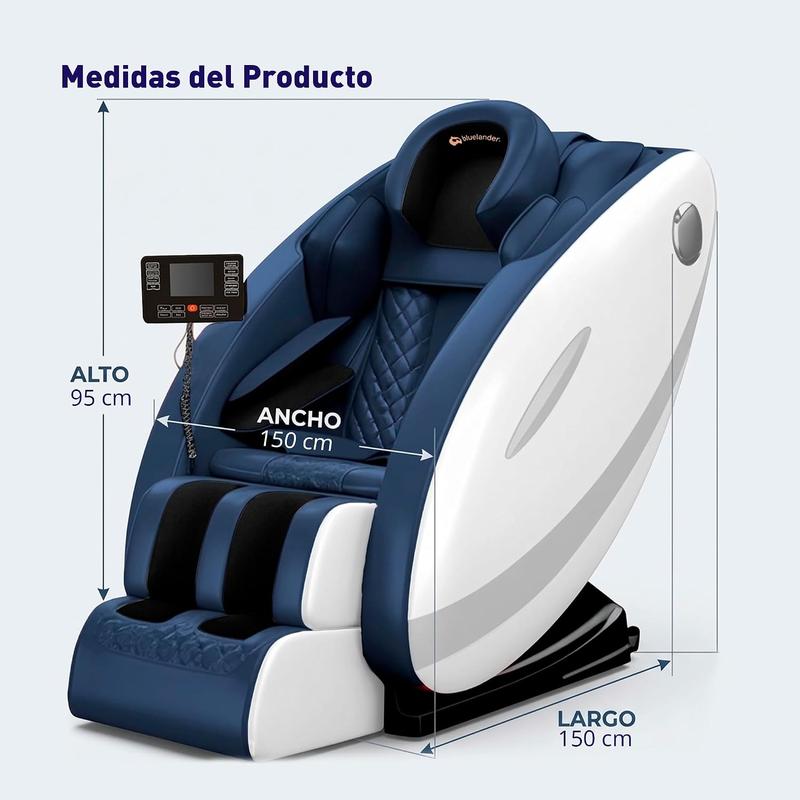 Bluelander Sillón de Masaje 8D Gravedad Cero 98*74*130 cm, Terapia de Calor, Control Remoto, Bocinas Bluetooth, Masaje Profesional, Azul, Programas Automáticos, Airbags, Elongación Corporal