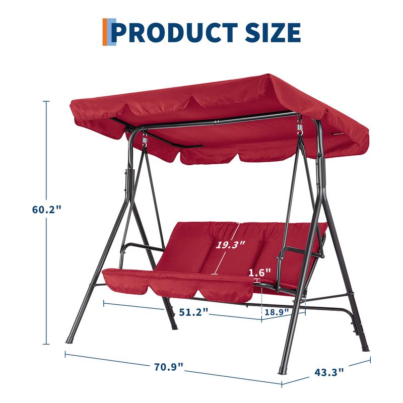 Columpio de jardín para 3 personas – Estructura de acero resistente – Cojines gruesos – Dosel ajustable – Ideal para patio, terraza, porche o piscina – Negro