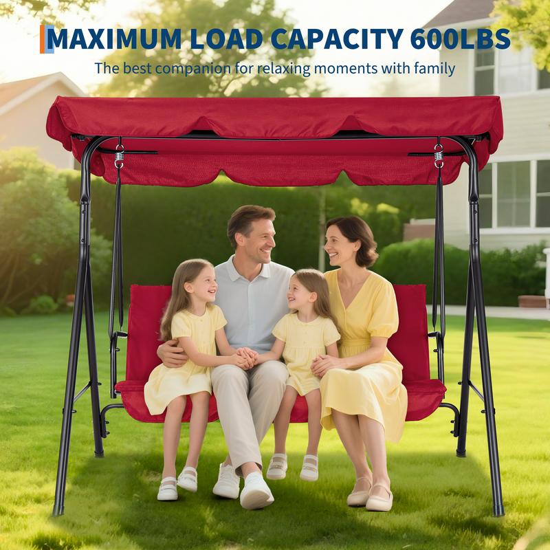 Columpio de jardín para 3 personas – Estructura de acero resistente – Cojines gruesos – Dosel ajustable – Ideal para patio, terraza, porche o piscina – Negro