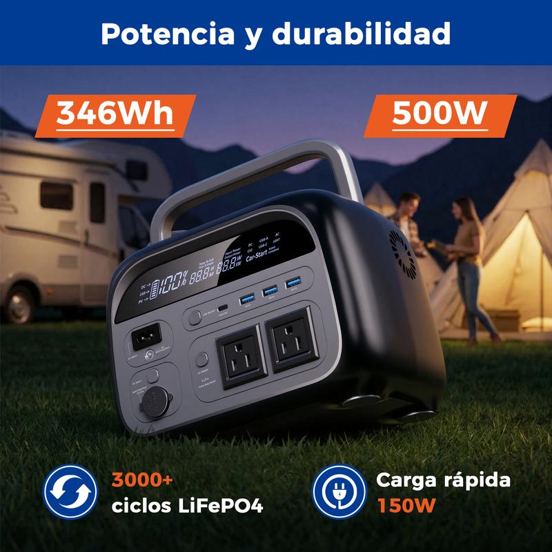 CTOLITY AP400 Generador Solar Portátil 346Wh 500W Batería LiFePO4 150W Carga Rápida Inalámbrica 4000+ Ciclos UPS Instantáneo para Cortes de Luz Emergencias Respaldo de Energía Camping Viajes Hogar Exterior Generador Eléctrico Portátil Batería de Respaldo