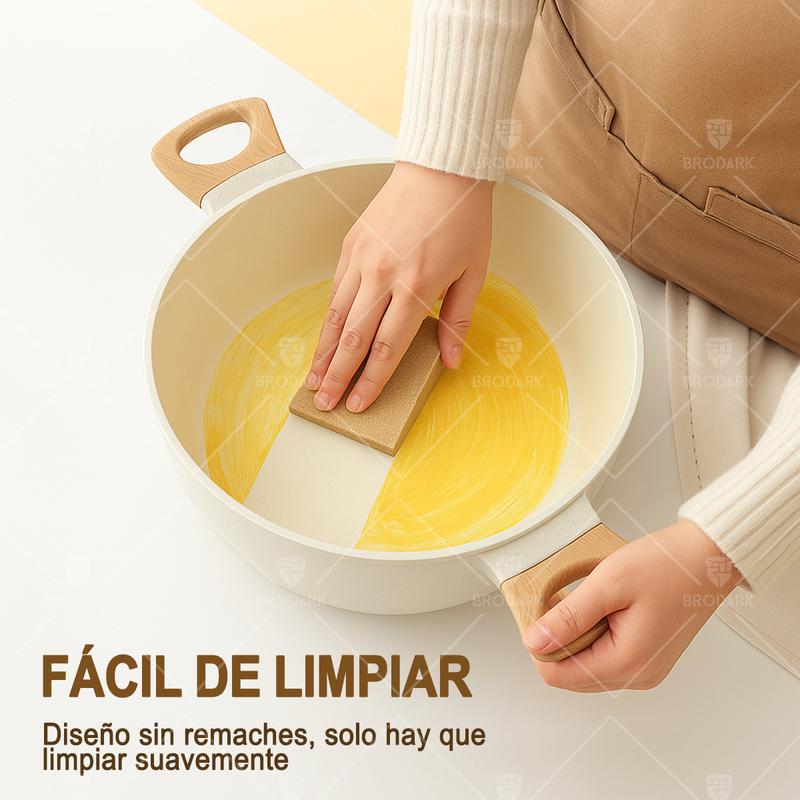 BRODARK Juego de 15 piezas de ollas y sartenes, con sartenes antiadherentes de cerámica en blanco y negro, compatible con placas de inducción, con manijas con impresión de madera, tapas de vidrio, incluye una cazuela de caldo y un sartén, y apto para horn