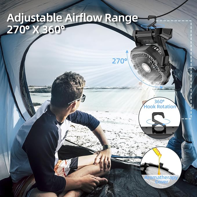 Ventilador recargable para camping, portátil y alimentado por batería de 20.000 mAh, con luz LED y gancho; cuenta con 4 velocidades y cabezal ajustable 270°. Ideal para tiendas de campaña, viajes, coche, uso en interiores y exteriores, barbacoas, pesca y 