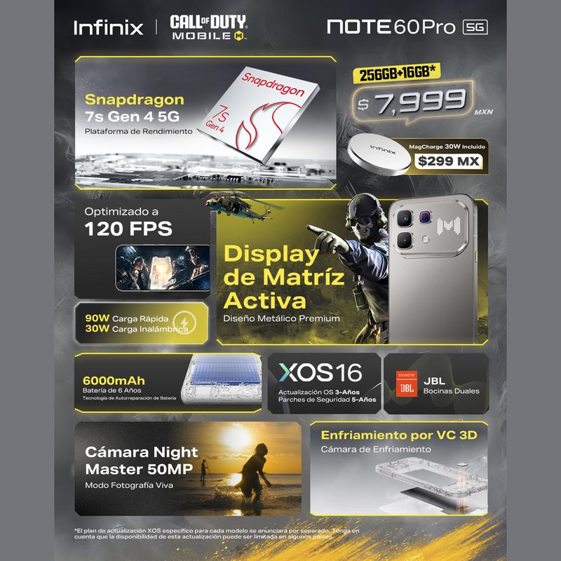 Infinix Note 60 Pro 5G 12GB+12GB RAM 256GB | Pantalla AMOLED 6.78" 1.5K 144Hz | Snapdragon 7s Gen 4 | Batería 6000mAh Carga Rápida 90W | Cámara 50MP OIS | NFC | Dual SIM | Android 16